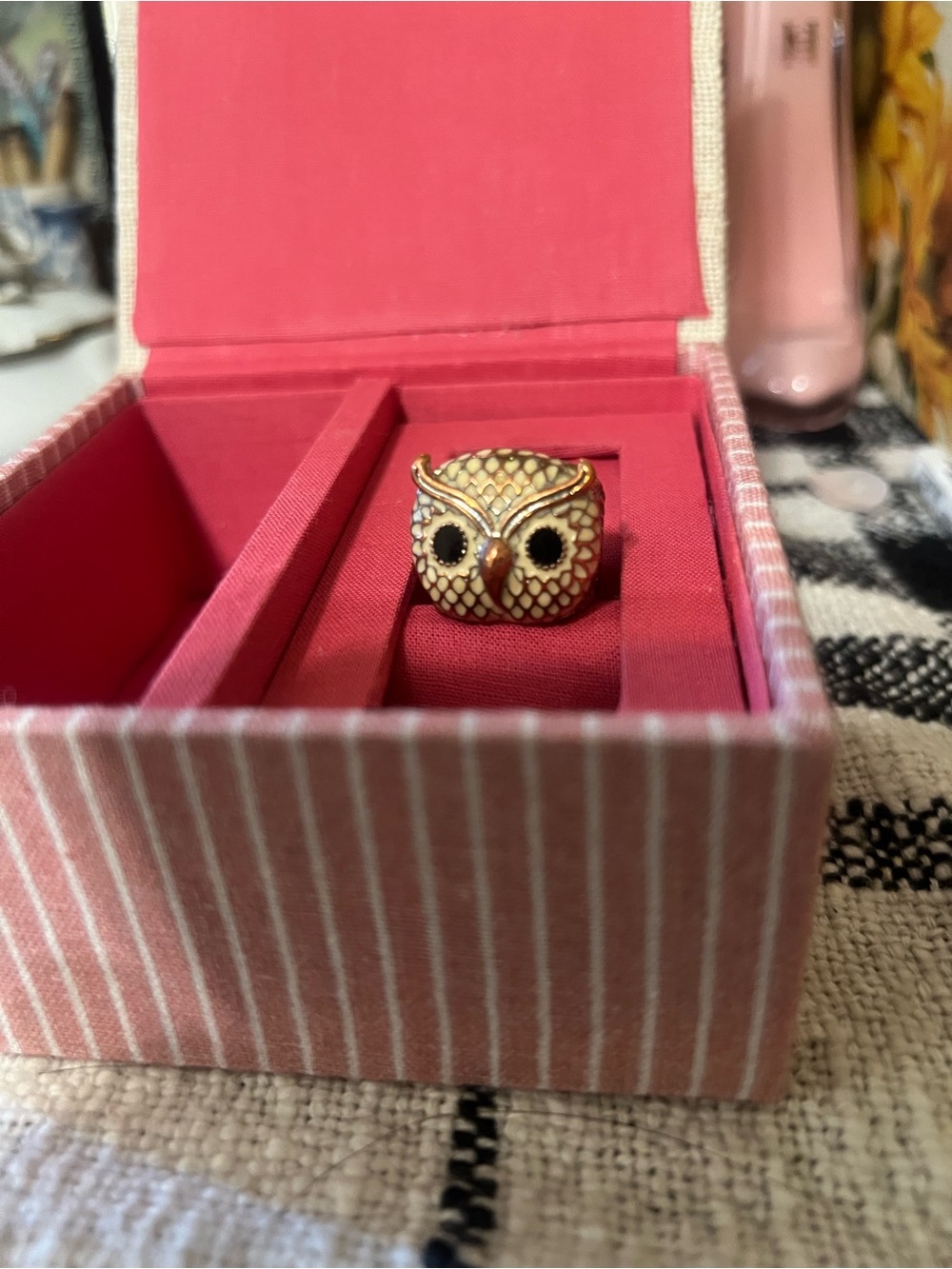 Gold Tone Owl Ring with Cream and Black Enamel